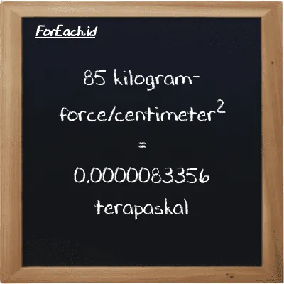 85 kilogram-force/centimeter<sup>2</sup> setara dengan 0.0000083356 terapaskal (85 kgf/cm<sup>2</sup> setara dengan 0.0000083356 TPa)
